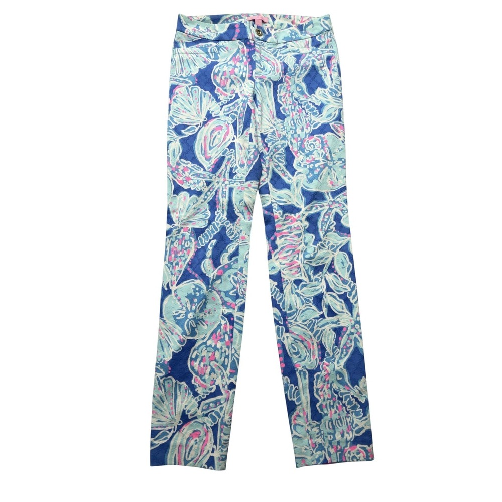 Lilly Pulitzer Ankle Pants Womens 00 Blue Floral Twill Slim Stretch 12816